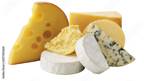 Bild auf Leinwand Assortment of cheese wedges including Swiss Brie Blue, and Cheddar