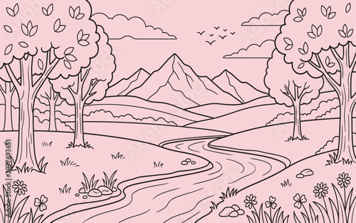 Natural Landscape Coloring Page With Mountain And Winding River