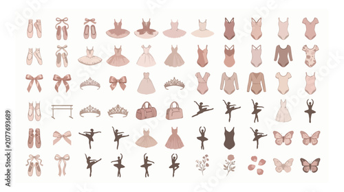 Elegant ballet icons set with 66 vector elements, pink ballerina tutu and pointe shoes collection, dance apparel and leotard illustrations