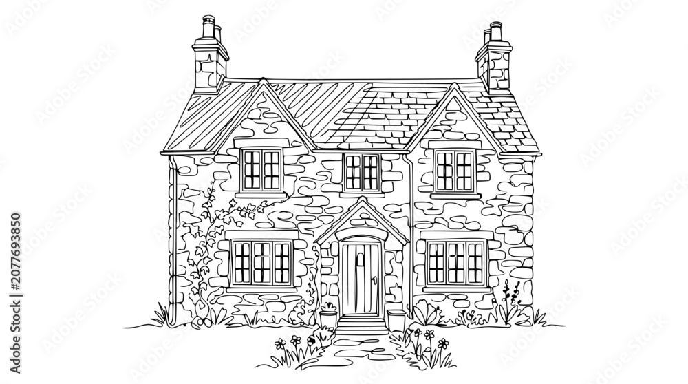 Fototapeta premium Charming Stone Cottage Drawing, Rural English House Illustration, Garden Path