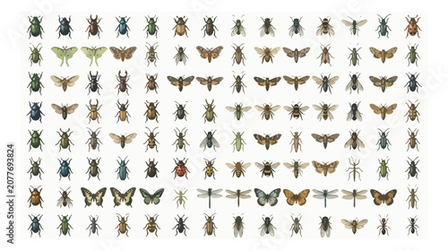 Vintage insect collection vector, realistic entomology specimen set of beetles and butterflies, scientific nature illustration for biology education