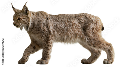 Foto Eurasian lynx walking with spotted fur, isolated on transparent background
