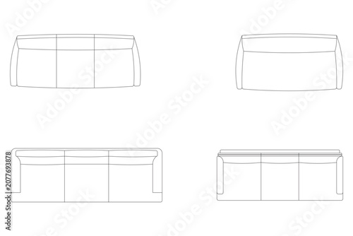Set of modern sofa icons and couch floor plan symbols for interior design and architectural planning projects.