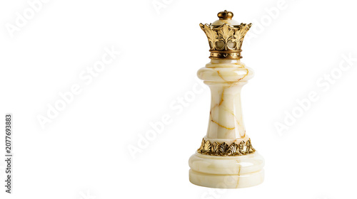 Quadro su tela Luxurious cream marble queen chess piece with ornate gold crown, isolated on tra