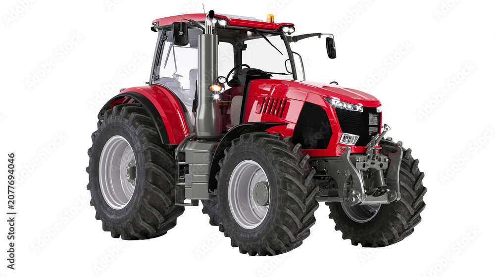 Obraz premium Red modern agricultural tractor with large tires