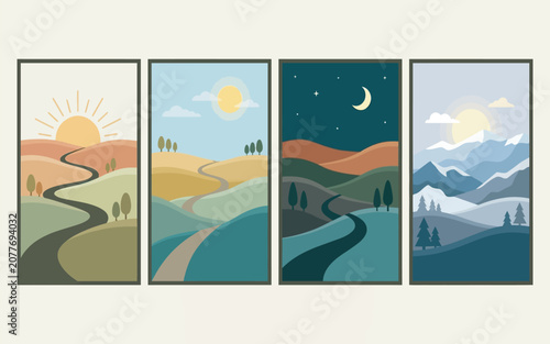 Four Minimalist Landscape Illustrations Representing Different Times Of Day