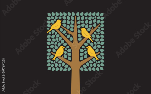 Symmetric Tree Of Life Illustration With Yellow Canaries On Black Background