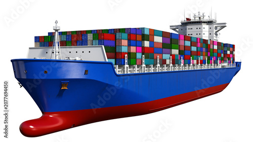 Large blue cargo ship loaded with colorful shipping containers