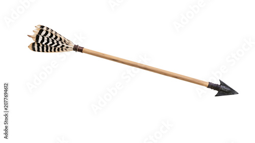 Fotografie Feathered arrow with stone arrowhead and wooden shaft