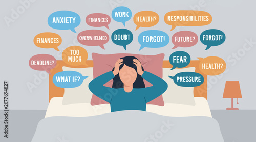 Tableau sur toile Woman suffering from anxiety and stress in bed at night with overwhelming though
