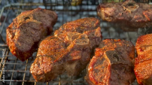 Grilling Marinated Lamb and Fresh Vegetables on Outdoor Barbecue