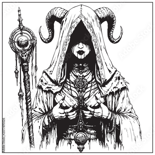 Принти на полотні Occult sorceress in gothic symmetry with black and white