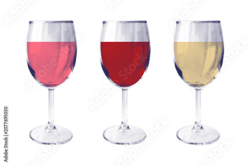 Set of wine glasses with red, white and rosé wine, halftone retro print illustration