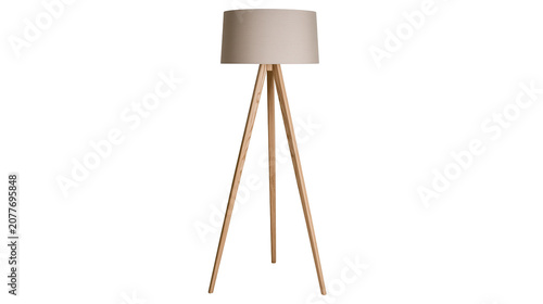 Fotografie Tripod floor lamp with beige shade and wooden legs