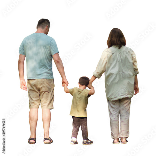 Man, woman and child holding hands together on transparent background. Happy family walking away from camera. Parenting concept, lifestyle, togetherness and support in upbringing of toddler.