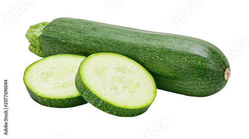 Obraz na płótnie Whole green zucchini with two slices showing seeds