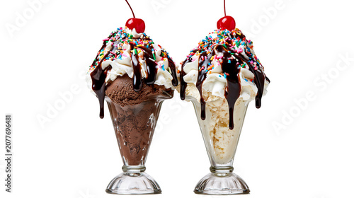 Foto Two ice cream sundaes with chocolate and vanilla flavors topped with whipped cre
