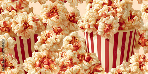 Seamless repeating pattern of popcorn kernels and popped popcorn, colorful background with red and white stripes like movie theater theme