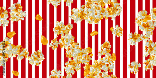 A seamless repeating pattern of popcorn kernels and popped popcorn, set against a colorful red and white striped background reminiscent of a movie theater theme.