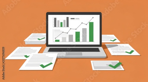A laptop displaying rising bar and line graphs surrounded by documents with green checkmarks on a brown surface.