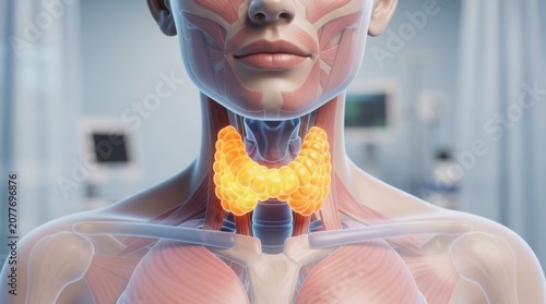 A detailed 3D medical illustration highlighting the human thyroid gland within the neck anatomy.