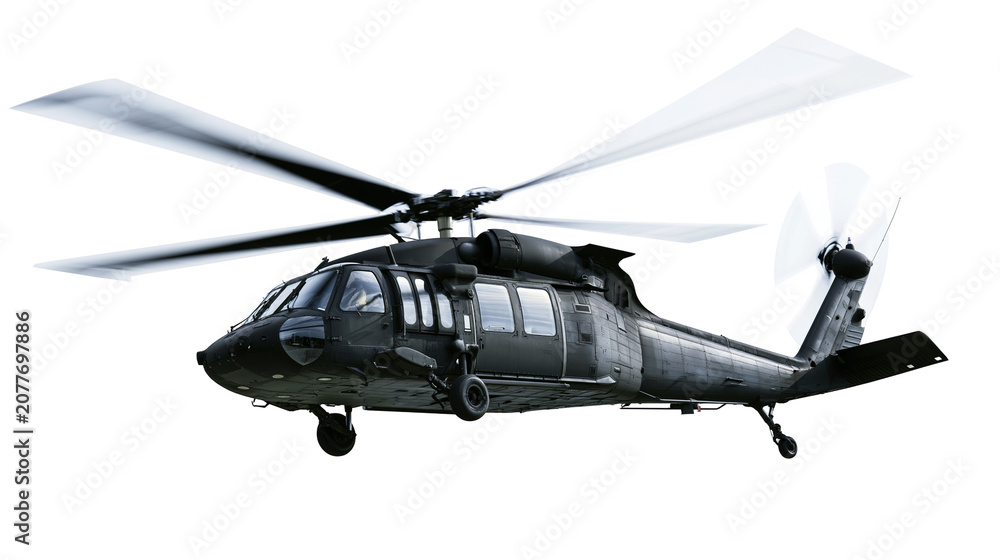 Fototapeta premium Black military helicopter in flight with blurred rotor blades