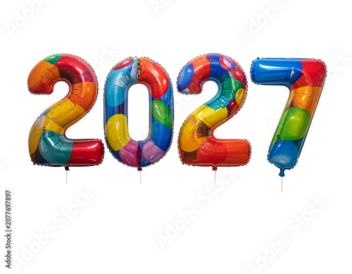 2027 New Year Text Sign Made of Colorful Rainbow Foil Balloons