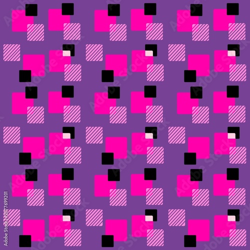 Fotografie Seamless geometric pattern of squaresin shades of hot pink, black and light pink accents, against a purple background