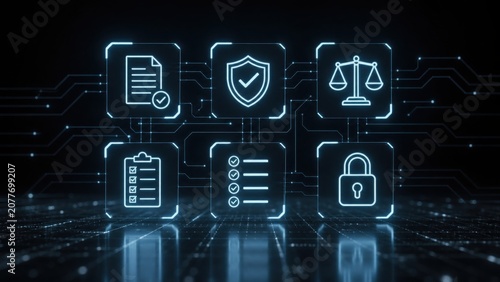 Digital security concept with icons representing documents, shield, scale, checklist, and padlock connected by futuristic circuit lines on a dark background.