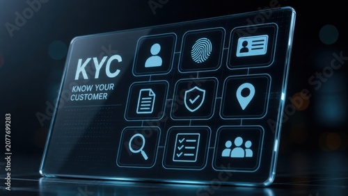 A futuristic digital interface for KYC (Know Your Customer) displaying icons for identity verification, fingerprint, document, location, and user data.