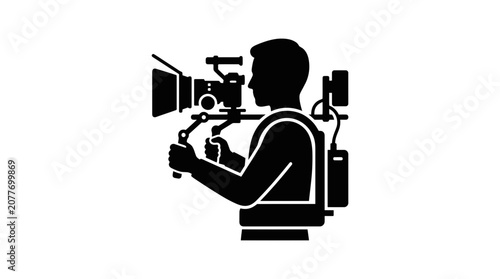 Tableau sur toile Filmmaker silhouette with professional camera stabilizer and rig