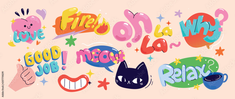 Fototapeta premium Speech bubble sticker vector set with retro typography, playful chat phrases, comic labels, arrows, splashes and cute doodle graphic elements