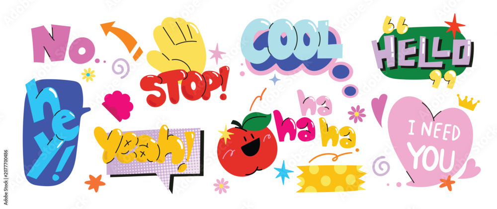 Obraz premium Speech bubble sticker vector set with retro typography, playful chat phrases, comic labels, arrows, splashes and cute doodle graphic elements