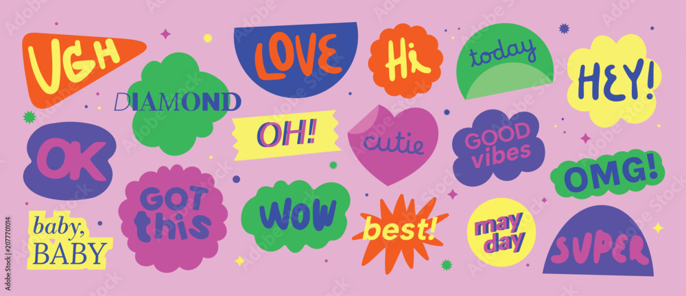 Fototapeta premium Speech bubble sticker vector set with retro typography, playful chat phrases, comic labels, arrows, splashes and cute doodle graphic elements