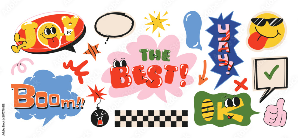 Obraz premium Speech bubble sticker vector set with retro typography, playful chat phrases, comic labels, arrows, splashes and cute doodle graphic elements