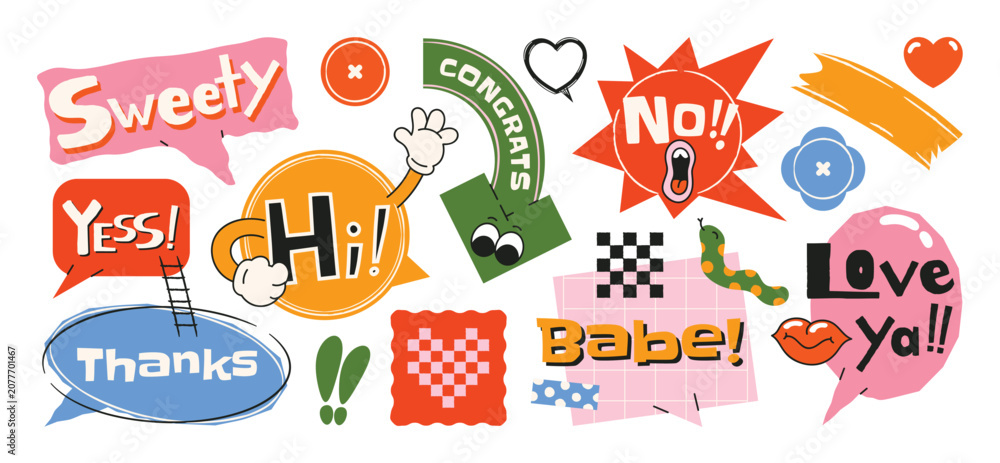 Obraz premium Speech bubble sticker vector set with retro typography, playful chat phrases, comic labels, arrows, splashes and cute doodle graphic elements