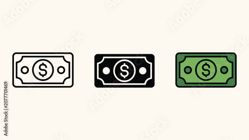 Schilderij op canvas Set of banknote icons in outline, solid black, and realistic styles with dollar sign