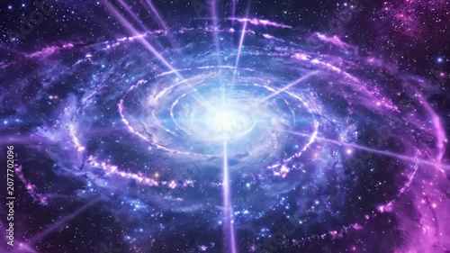 Cosmic spiral galaxy with radiant light beams and glowing nebula clouds in deep space stars cosmos