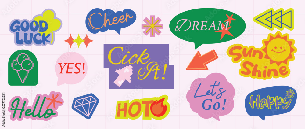 Fototapeta premium Speech bubble sticker vector set with retro typography, playful chat phrases, comic labels, arrows, splashes and cute doodle graphic elements