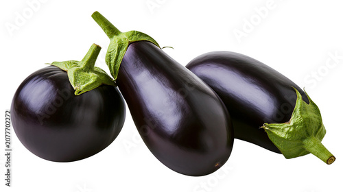 Obraz na płótnie Three dark purple eggplants with green stems and calyxes