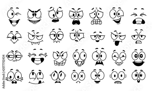 Fotografie Collection of diverse cartoon face line art icons expressing various moods emoti