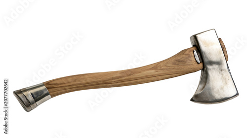 Fotografía Curved wooden handle axe with metal ferrule and polished steel head