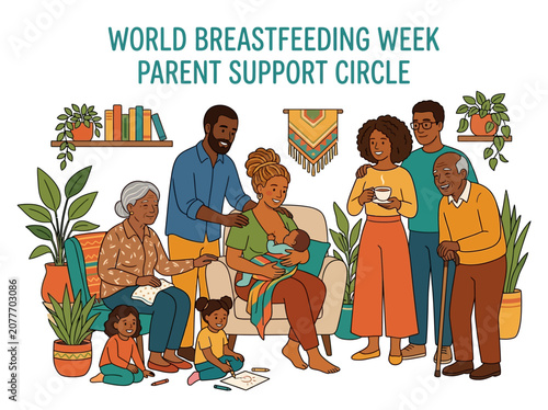 A diverse multigenerational group gathers in a cozy plantfilled living room for a breastfeeding support circle