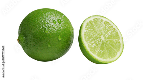 Fotografie Whole green lime with water drops and half lime slice