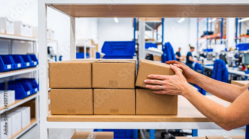 Tableau sur toile Woman's hands placing a brown cardboard box on a shelf in a brightly lit industrial warehouse environment