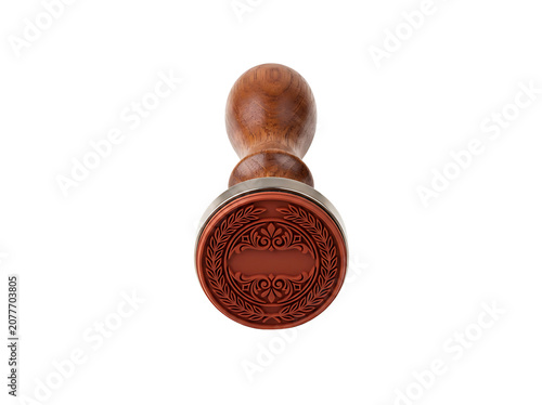Vintage Wooden Rubber Stamp with Ornate Floral Seal Isolated on White