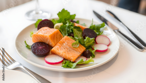 plate with salad with salmon, beets and radishes on the table, photo. White tone