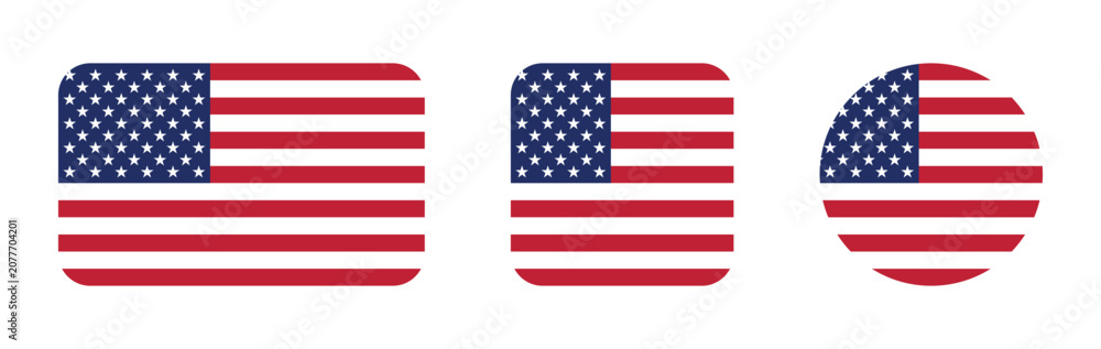 Fototapeta premium United States Flag Icon Set American Stars and Stripes Rounded Flat Square and Circular USA Flag Vector Collection