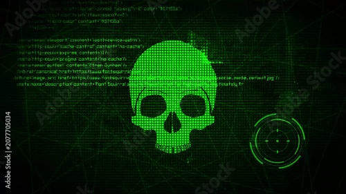 Abstract technological background, skull, digital code, interference, cyber security concept. random tints and grid.. 4K