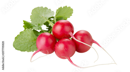 Fotografie Group of fresh red radishes with green leaves